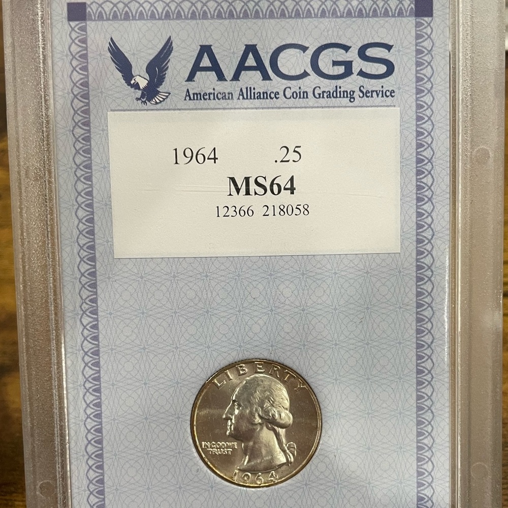 Graded Mint State MS64 1964 Silver Quarter American Currency with Display Case